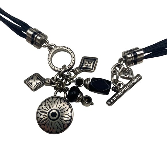 Signed Brighton Black Cord Necklace Multi Silver Plated Charms Toggle Clasp 17" - Picture 5 of 7